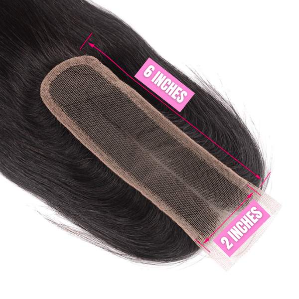Close-up of HD lace closure measuring 2x6 inches, showcasing the natural black hair texture.
