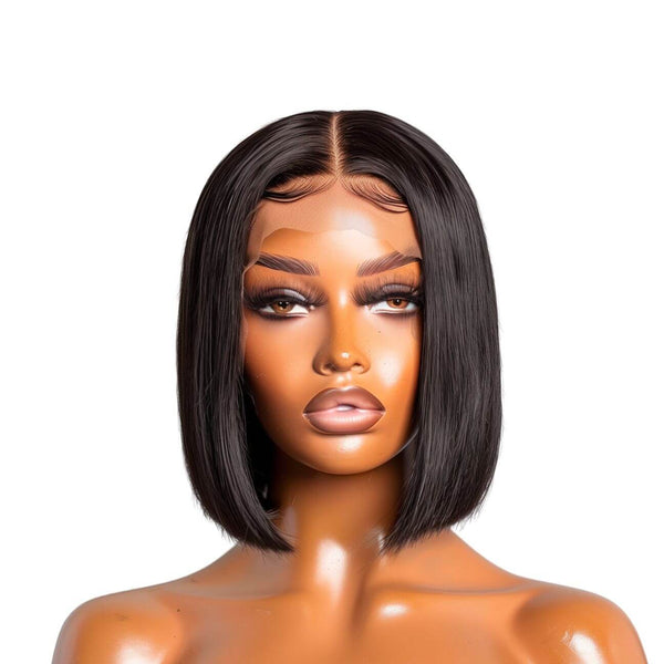 4x4 HD Lace Closure Bob Wig in natural black color, showcasing 100% human hair, best quality, sleek bob hairstyle.
