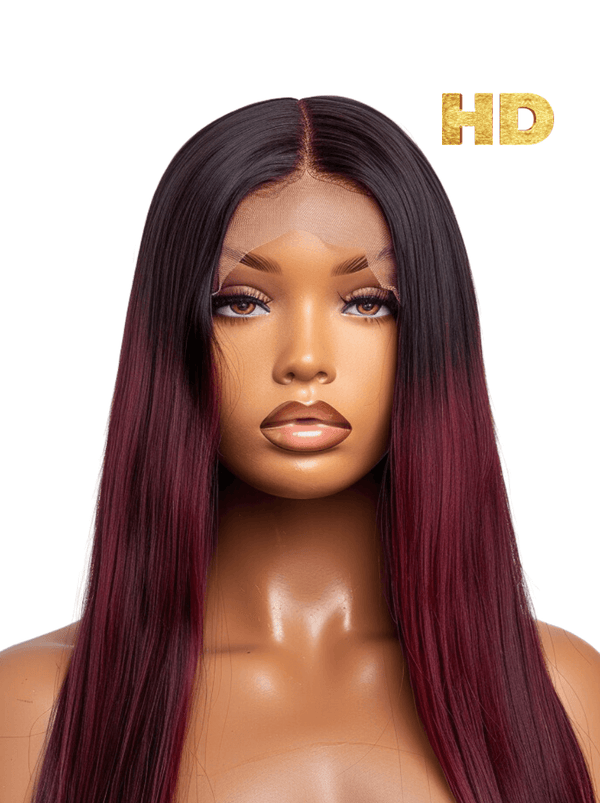 HD #99J Burgundy and Black Roots 13x6 Lace Frontal Wig with Pre Plucked Hairline and 200% Density