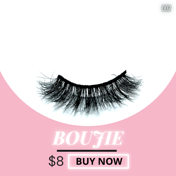 Boujie faux mink lashes displayed on a pink background, priced at $8, showcasing luxurious volume and curl.