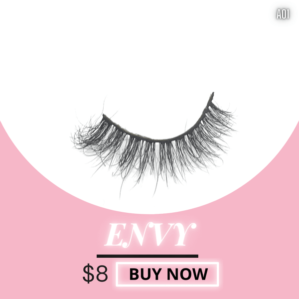 Envy 3D false mink eyelashes displayed with price $8, perfect for a glamorous look.