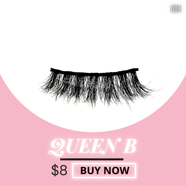 Queen B Mink Lashes, 3D faux mink strip eyelashes for a natural glam look, priced at $8, perfect for daily wear.