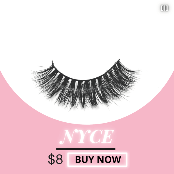 NYCE false eyelashes on a pink background, priced at $8, showcasing a dramatic layered effect for stunning eye makeup.