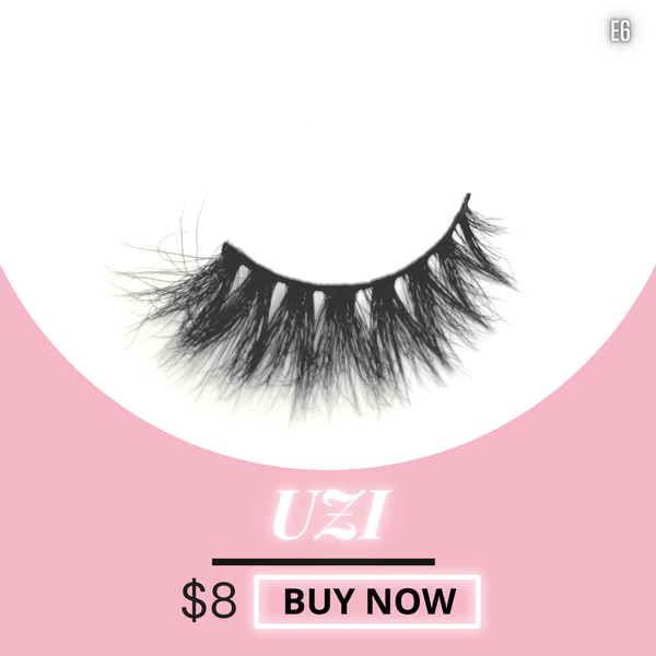 UZ1 false eyelashes displayed on pink background, priced at $8, perfect for glamorous makeup looks.