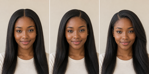 Different styles of lace closure for wigs shown on a smiling woman with long straight hair.