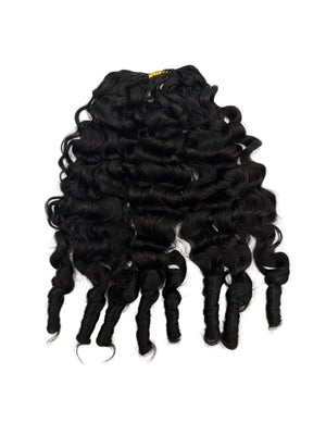 Miracle Knots - Feather Crochet Human Hair - Natural Black - 60 Grams Pack Pre-Separated displayed in rich curls.