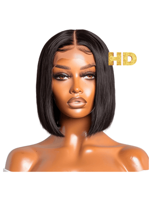 Middle part HD lace closure bob wig, 250% density, natural black, premium raw hair for a flawless look.