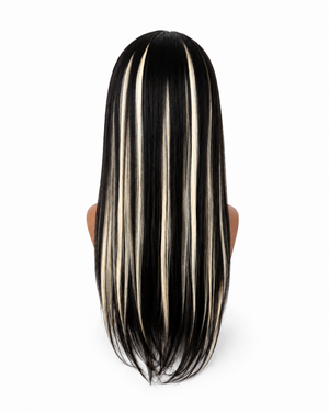 5x5 lace closure wig featuring blonde highlights and straight texture for a stylish look.