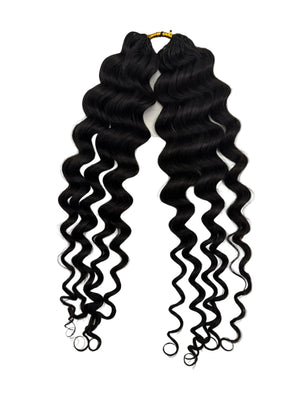 Miracle Knots feather crochet hair extensions in natural black color with wavy texture.