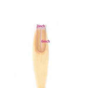 blonde 2x6 closure showing 2 inch and 6 inch measurements for perfect fit and blending