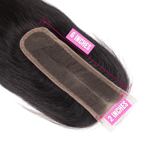 Close-up of HD lace closure measuring 2x6 inches, showcasing the natural black hair texture.