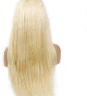 Back view of a long, straight HD #613 blonde wig showcasing its smooth texture and natural look.