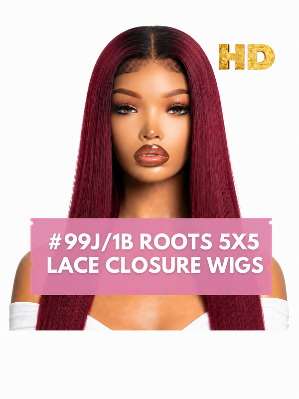 5X5 HD Lace #1B/99J Burgundy Ombre Closure Wig 250% Desnity Glueless Wig