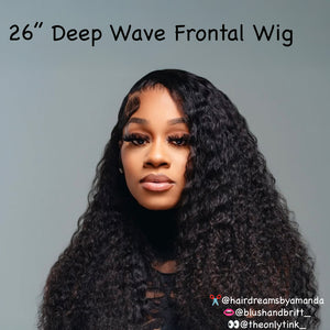 26 inch deep wave frontal wig featuring natural curls and a pre-plucked hairline for a seamless look.
