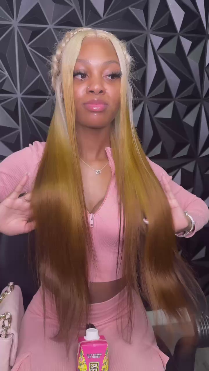 Influencer Itty showcasing the Itty X Romanjay fall gradient wig with stylish long hair against a textured background.