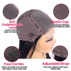 5x5 lace closure wig features, including undetectable lace, adjustable strap, and four combs for secure fit.