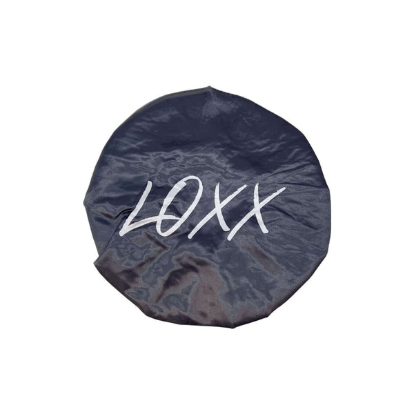 Satin bonnet with elastic band in navy blue, featuring the LOXX logo, perfect for protecting hair while sleeping.