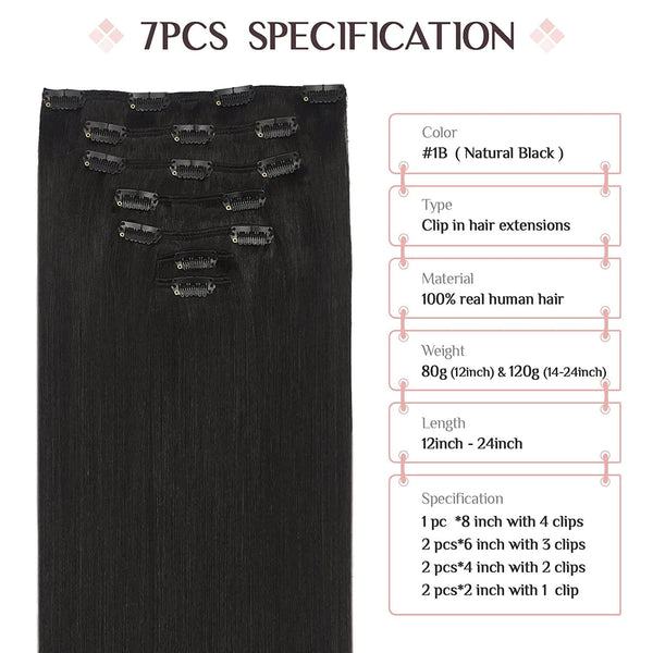 7pcs clip in hair extensions in #1B natural black, made from 100% real human hair, available in multiple lengths.
