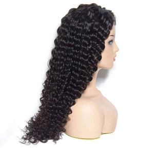 5x5 lace closure wig in deep wave style on a mannequin showcasing a natural look and texture.