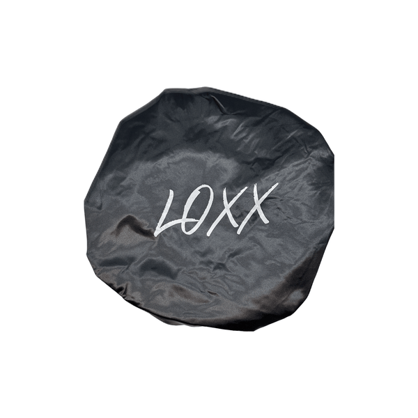 Black satin bonnet with tie band, featuring LOXX branding, designed for non-slip, overnight hair protection.
